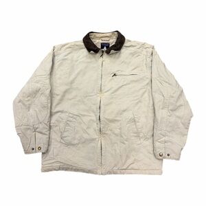 Vtg Roundtree & Yorke Jacket Mens Large Beige Canvas Outdoors Plaid Lined Coat